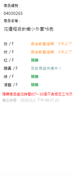 花邊短版針織小外套*6色 現貨狀態