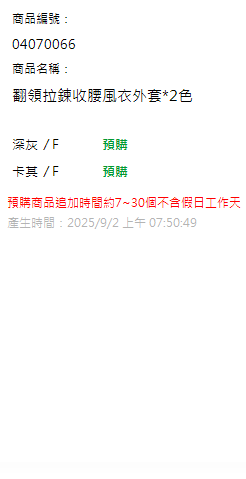 翻領拉鍊收腰風衣外套*2色 現貨狀態
